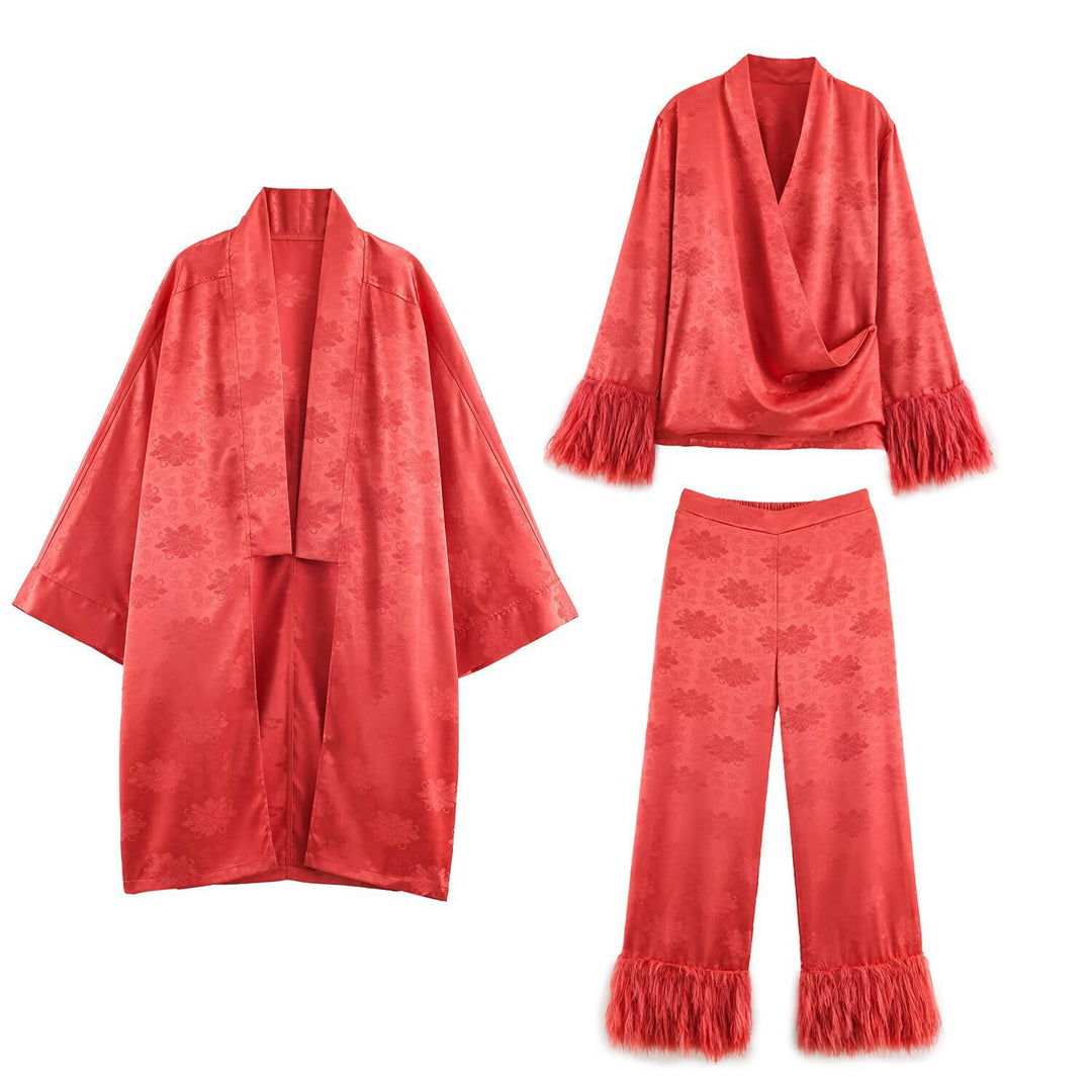 Damen hochtaillierte Satinhose mit Jacquard‑Blütenmuster und Federfransen Shop Nory