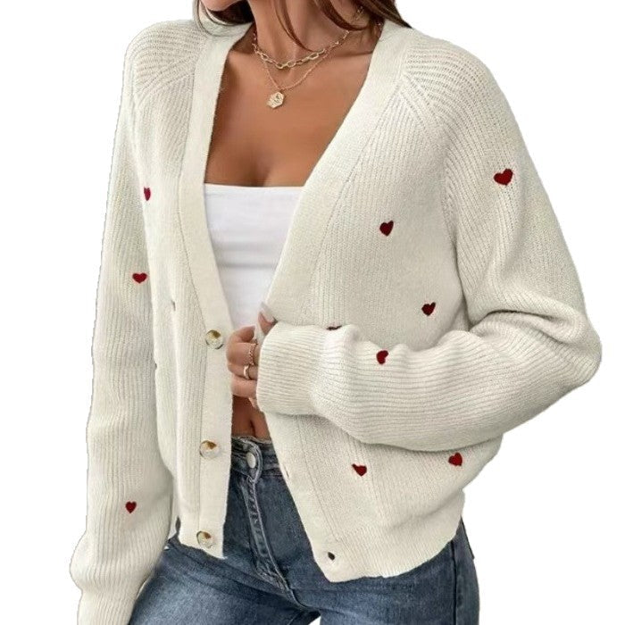 Damen lässige Strickjacke mit Herzapplikationen und tiefem V-Ausschnitt