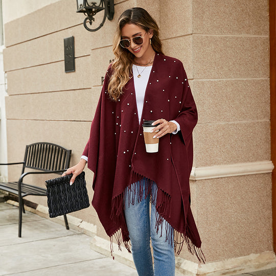 Damen Kaschmiroptik-Überwurfponcho mit Perlenapplikation Shop Nory