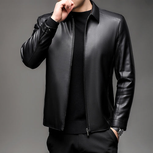 Herren Glatte Lederimitat-Bomberjacke mit Stehkragen, verdecktem Reißverschluss und schlanker Passform Shop Nory