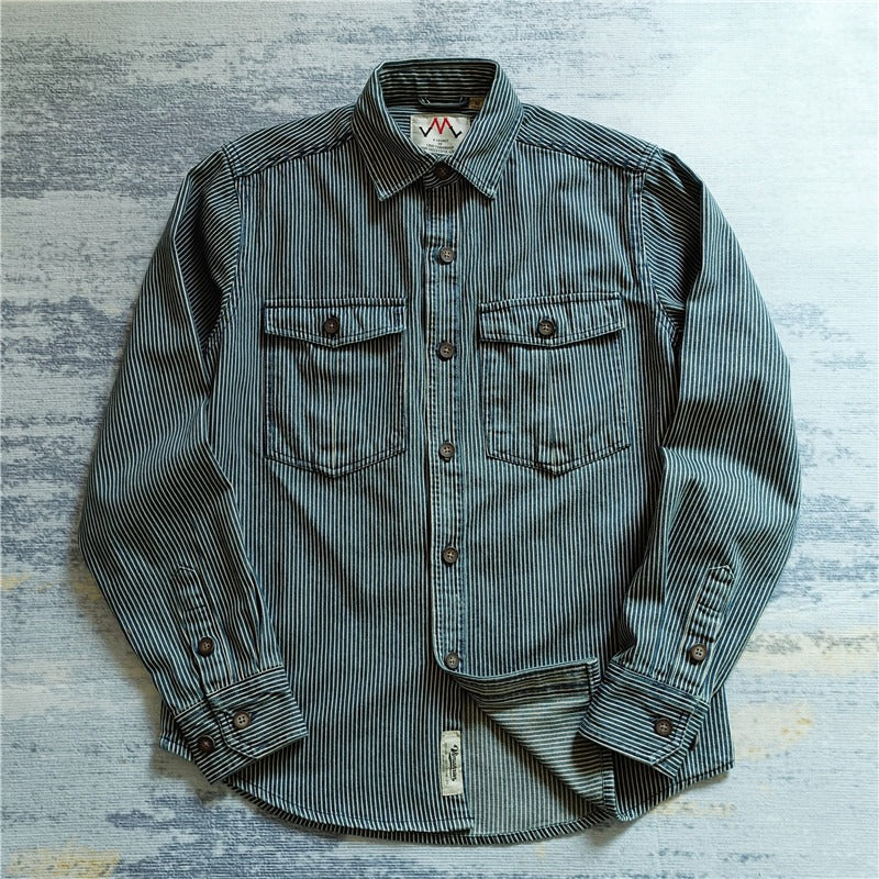 Herren Gestreiftes Baumwoll-Worker-Hemd mit aufgesetzten Brusttaschen und durchgehender Knopfleiste Shop Nory