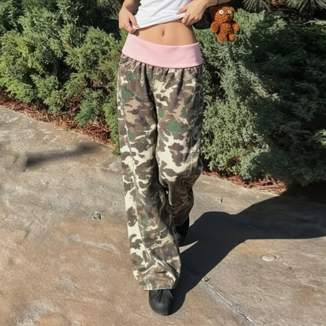 Damen nan weite Lounge-Hose mit Umschlagbund, Camouflage‑Muster und elastischem Komfortstretch Shop Nory