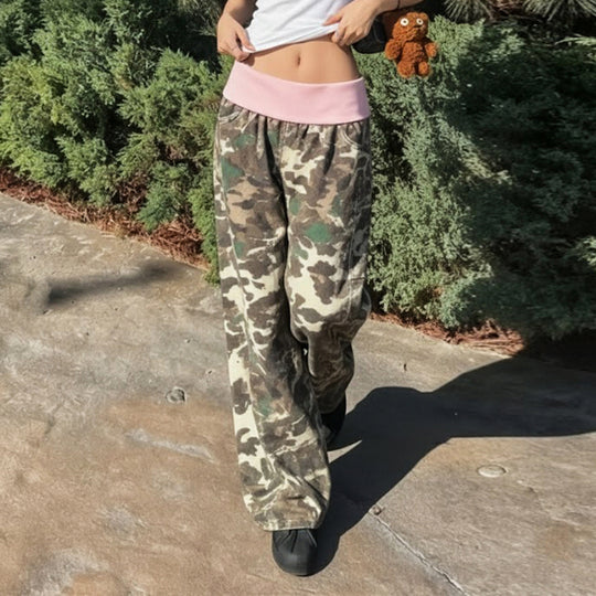 Damen nan weite Lounge-Hose mit Umschlagbund, Camouflage‑Muster und elastischem Komfortstretch Shop Nory