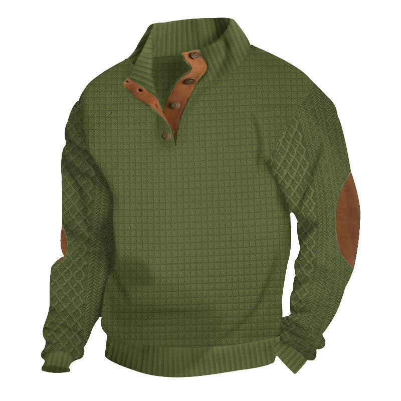 Herren Waffelstrick-Halbzip-Pullover mit Stehkragen Lederbesatz und Ellbogenpatches Shop Nory
