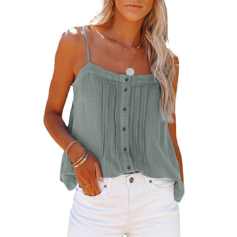 Damen luftiges Spaghettiträger-Oberteil mit kariertem Design und Knopfdetails