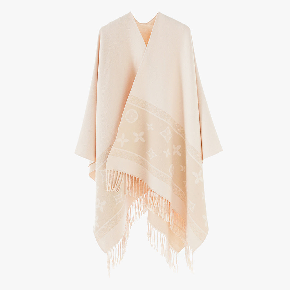 Damen Schlichter Capeponcho aus Wollmischung mit eingewebter Jacquardbordüre und Fransen Shop Nory