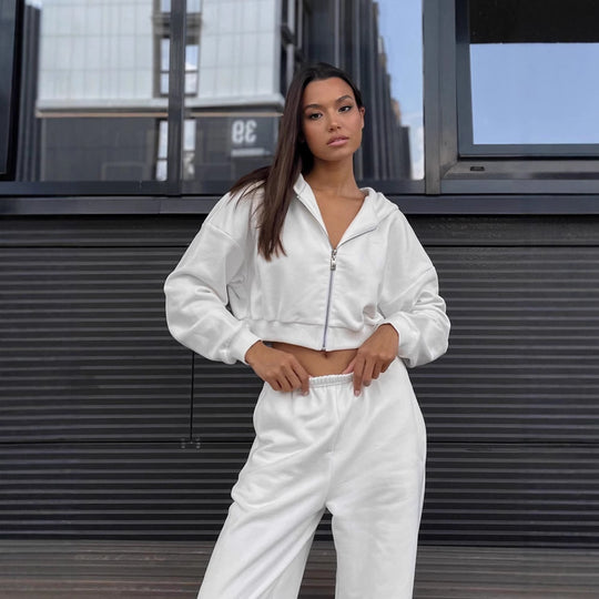 Damen kurzes Zip-Hoodie-Lounge-Set mit taillenhoher Relax-Sweathose Shop Nory