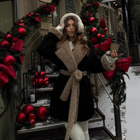 Damen Kurzer Oversized Wintermantel mit Teddy-Futter und Taillengürtel Shop Nory