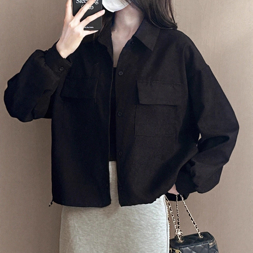Damen Kurzgeschnittene Cordjacke mit Oversize-Ärmeln und Brusttaschen Shop Nory