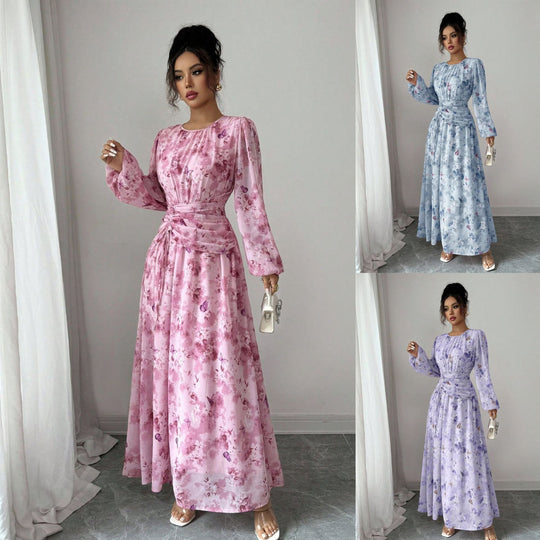 Damen Maxikleid mit floralem Schmetterlingsprint, geraffter Taillenpartie und langen Ballonärmeln Shop Nory