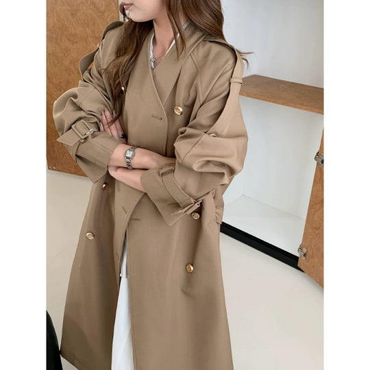 Damen Lang geschnittener Trenchcoat mit doppelreihiger Knopfleiste und verstellbaren Ärmelriegeln Shop Nory