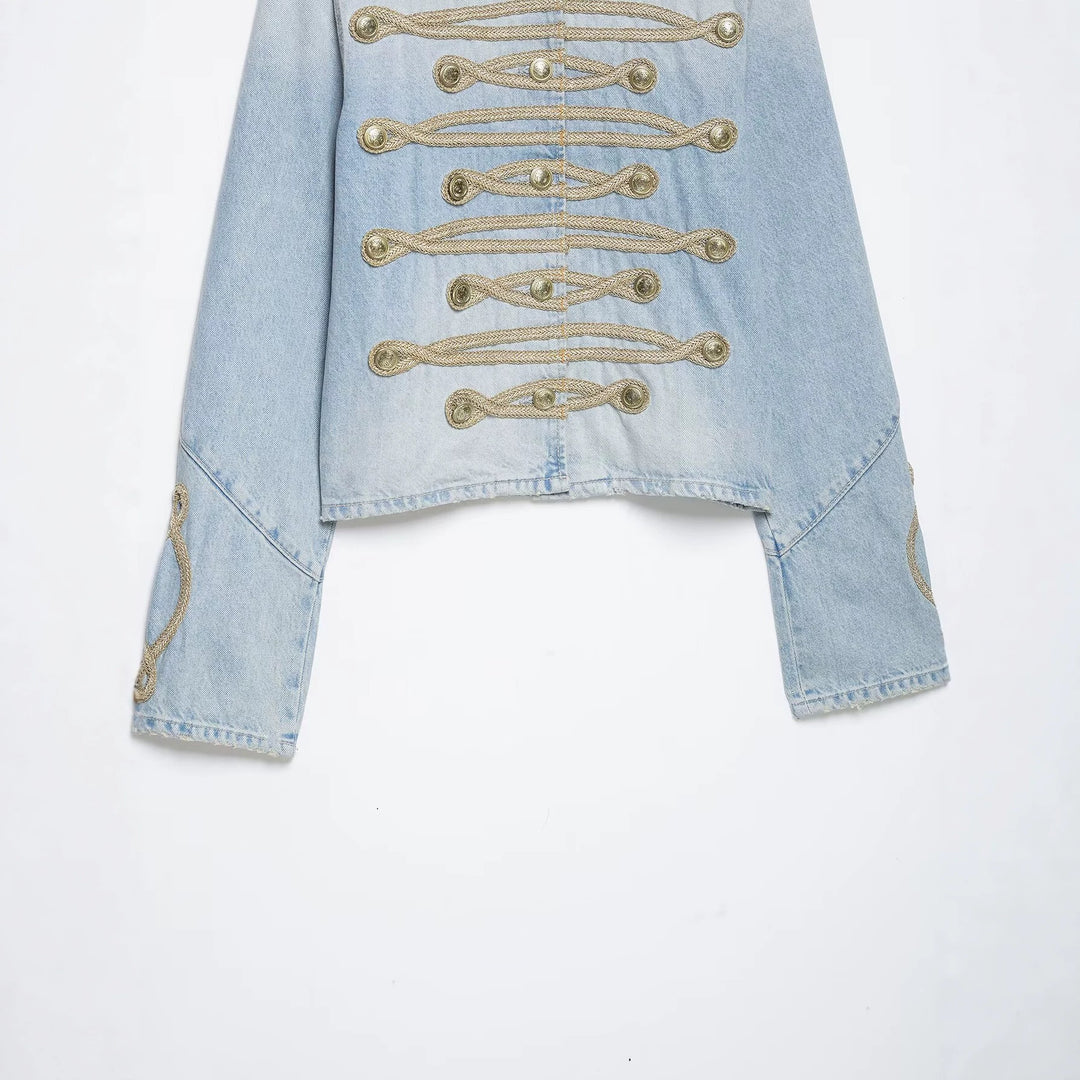 Damen kurze Jeansjacke im Militärstil mit Kordelapplikation und Mandarinkragen Shop Nory