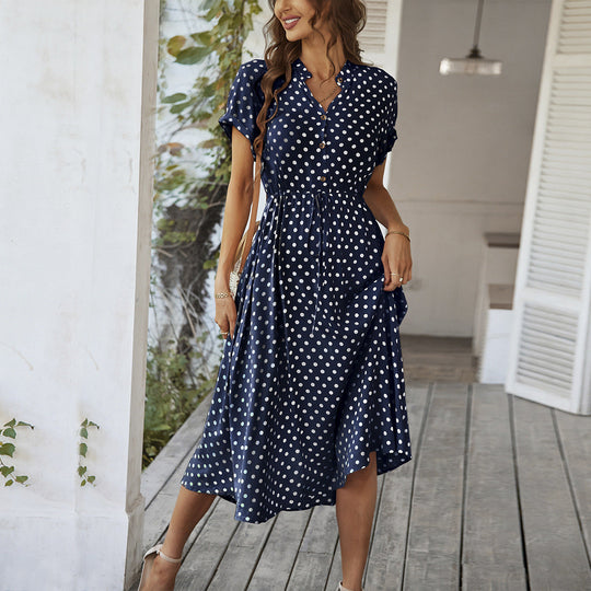 Damen Elegantes Hemdblusenkleid mit tailliertem Design und Polka-Dots