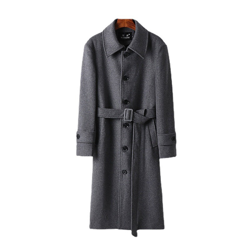 Herren taillierter Maxilanger Wollmix‑Mantel mit Bindegürtel und Kentkragen Shop Nory