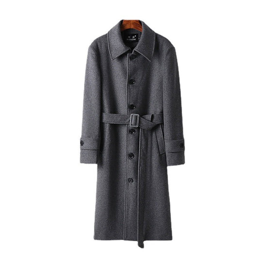 Herren taillierter Maxilanger Wollmix‑Mantel mit Bindegürtel und Kentkragen Shop Nory