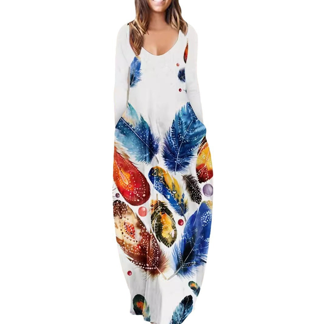 Damen Fließendes Maxikleid mit auffälligem Federmotiv, tiefem Rundhalsausschnitt und Seitentaschen Shop Nory