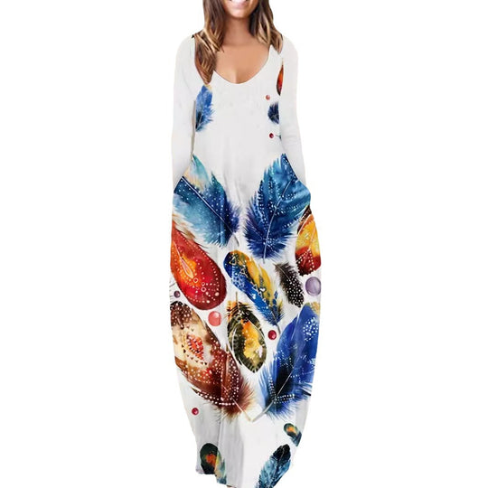Damen Fließendes Maxikleid mit auffälligem Federmotiv, tiefem Rundhalsausschnitt und Seitentaschen Shop Nory