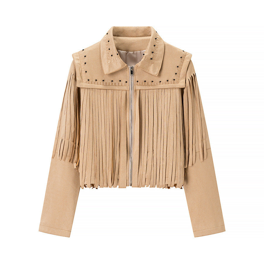Damen Kurze Fransen-Suedejacke im Westernstil mit Nietenbesatz und Frontreißverschluss Shop Nory