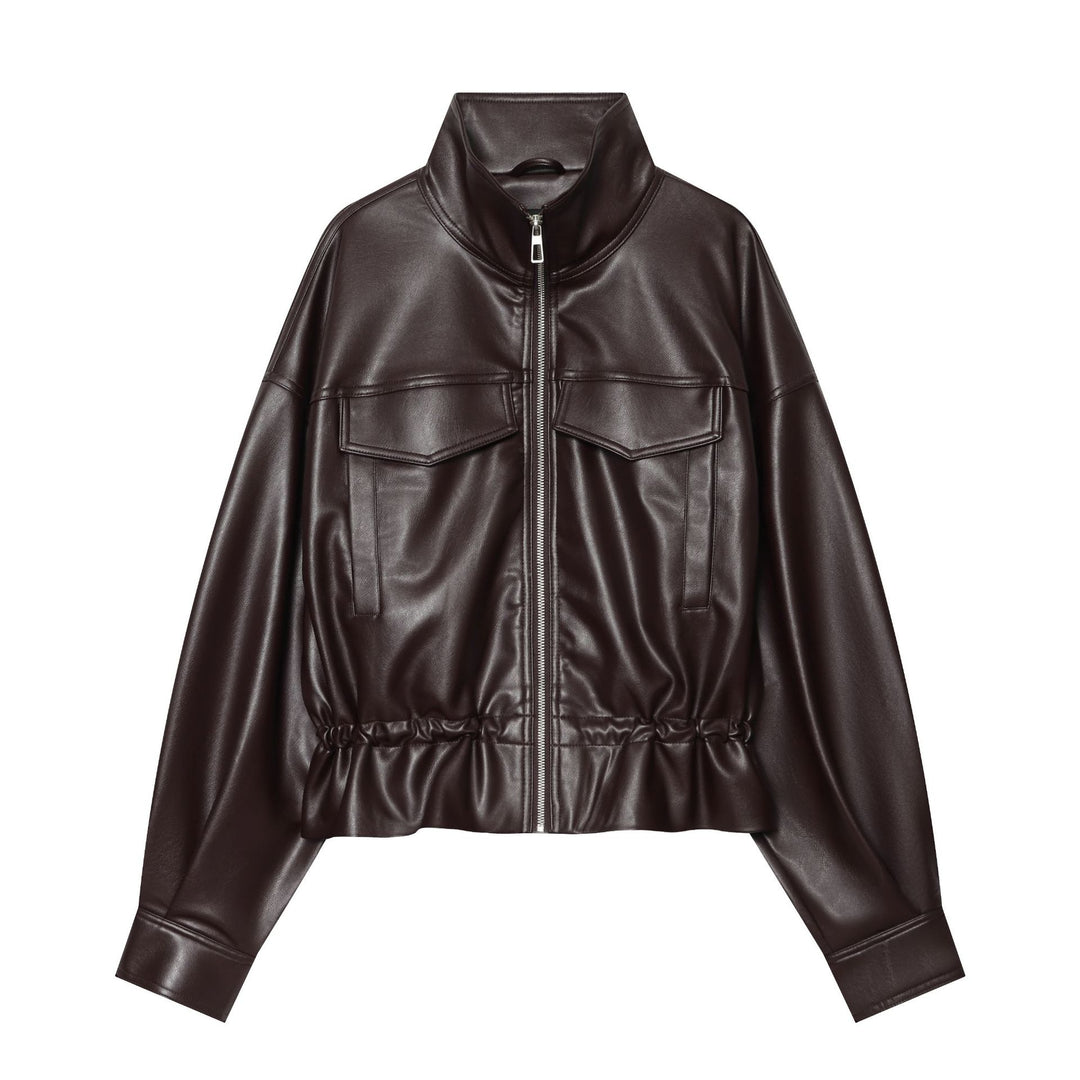 Damen Cropped Kunstleder-Blouson mit Tunnelzug, aufgesetzten Klappentaschen und hohem Stehkragen Shop Nory