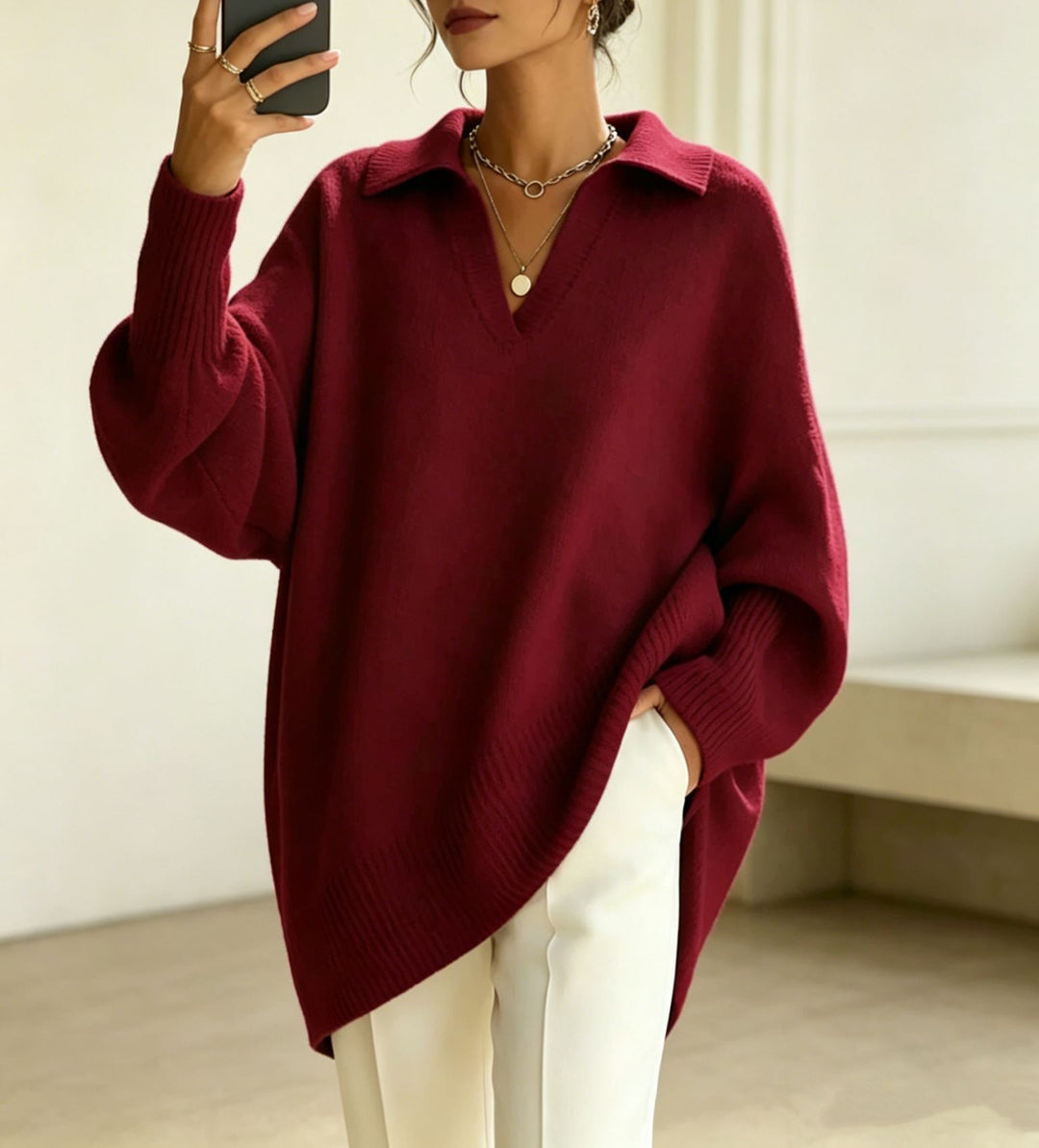 Damen Oversize-Polokragen V-Ausschnitt Strickpullover mit Ballonärmeln Shop Nory
