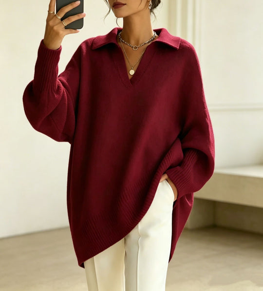 Damen Oversize-Polokragen V-Ausschnitt Strickpullover mit Ballonärmeln Shop Nory