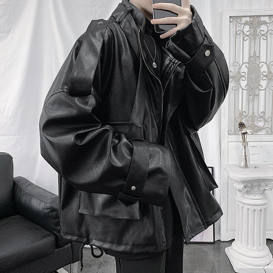 Herren Weitgeschnittene Kunstlederjacke mit Kapuze, Utility-Taschen und verstellbaren Manschetten Shop Nory