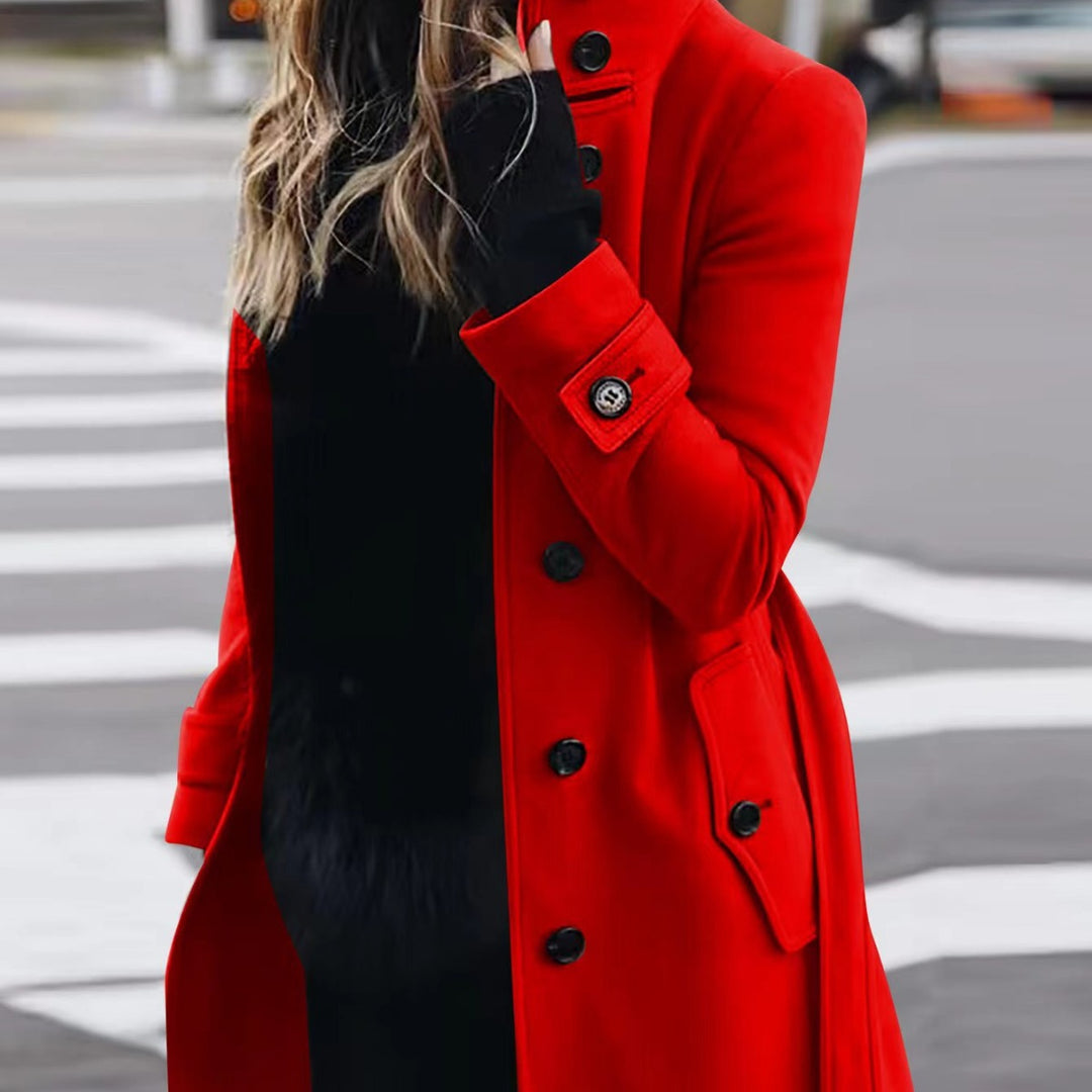 Damen Doppelreihiger Trenchcoat mit hohem Stehkragen, Taillengürtel und Manschetten-Detail Shop Nory