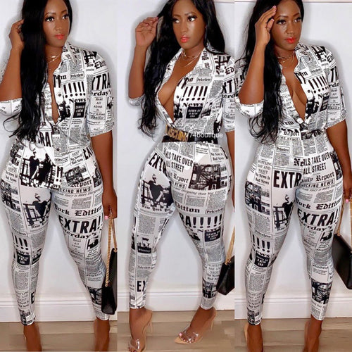 Damen figurbetonter Jumpsuit mit Zeitungsprint und tailliertem Hemdkragen Shop Nory