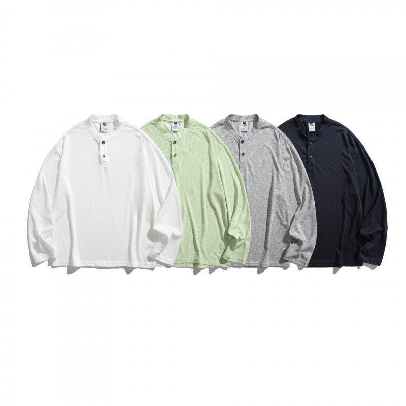 Unisex Lockere Henley-Longsleeve mit Stehkragen und Waffelstruktur Shop Nory