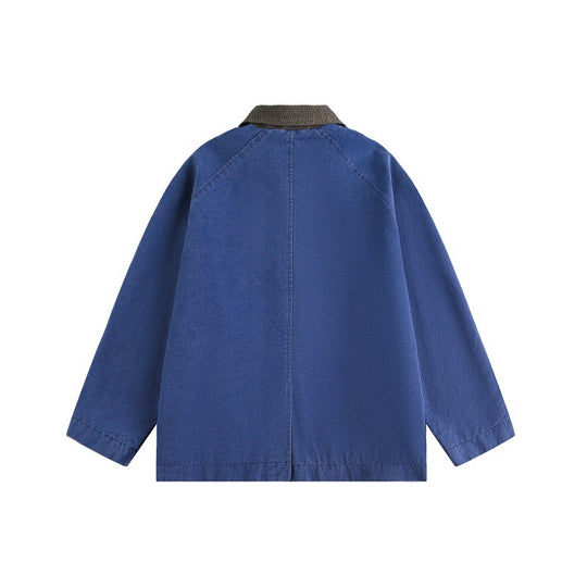 Unisex Kurz geschnittener Boxy-Jeansblouson mit Cordkragen und tonalen Ziernähten Shop Nory