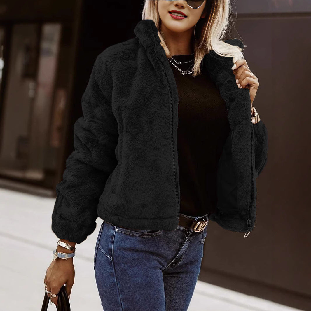 Weiche Damen Teddy Bomberjacke mit Reißverschluss