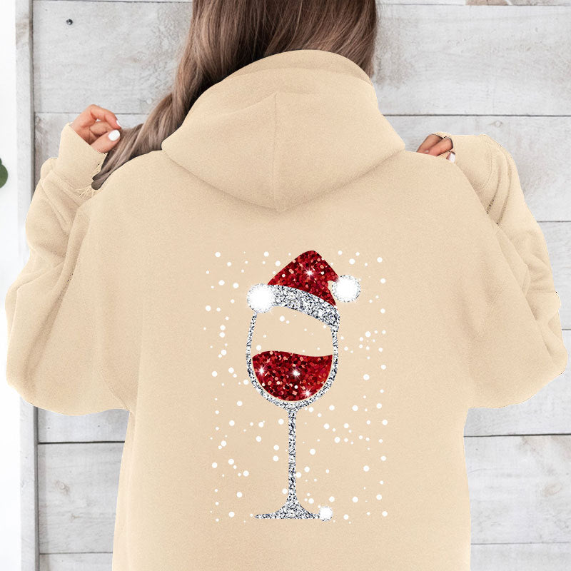 Damen Oversize Kapuzenpullover mit weihnachtlichem Glitzer-Weinglas-Print Shop Nory
