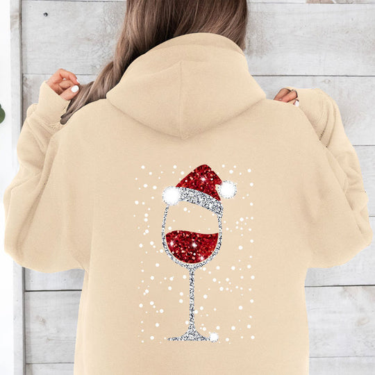 Damen Oversize Kapuzenpullover mit weihnachtlichem Glitzer-Weinglas-Print Shop Nory