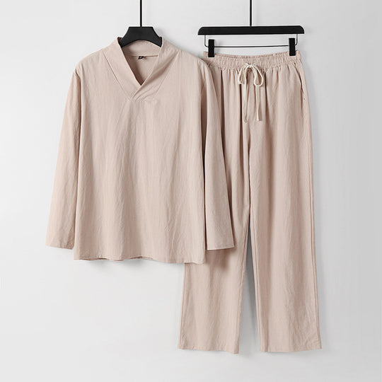 Unisex Zen-inspiriertes Leichtes Loungewear-Set mit V-Ausschnitt-Shirt und Elastischer Kordelbund-Hose Shop Nory
