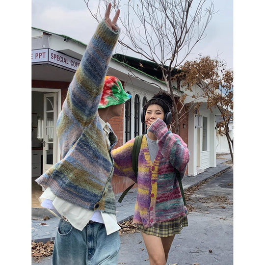 Damen Modische Strickjacke mit V-Ausschnitt und buntem Muster Shop Nory