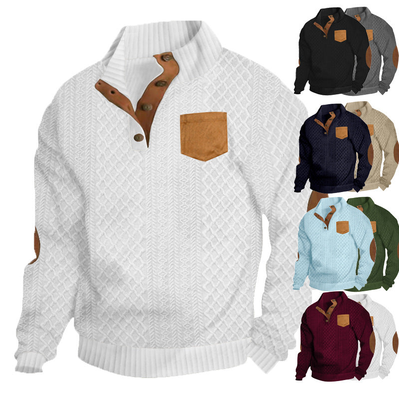 Herren Strukturiertes Kabelstrick-Sweatshirt mit Halbknopfblende, Kunstleder‑Patchtasche & Ellbogenpatches Shop Nory