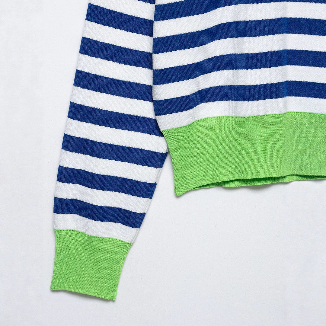 Damen Gestreifter Polo‑Pullover mit V‑Ausschnitt, weitem Rumpf und kontrastierenden Bündchen Shop Nory