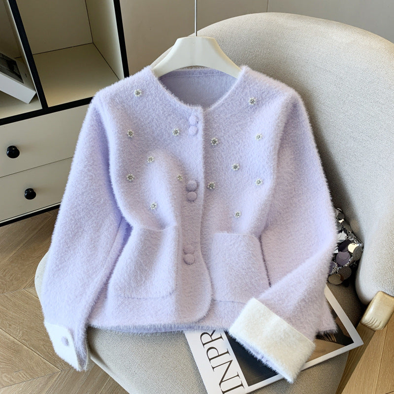 Damen Eleganter Strickjacke mit Perlen-Details Shop Nory