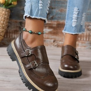 Damen Brogue-Monk-Slipper mit doppeltem Schnallenverschluss, gesteppter Kante und grober Profilsohle Shop Nory