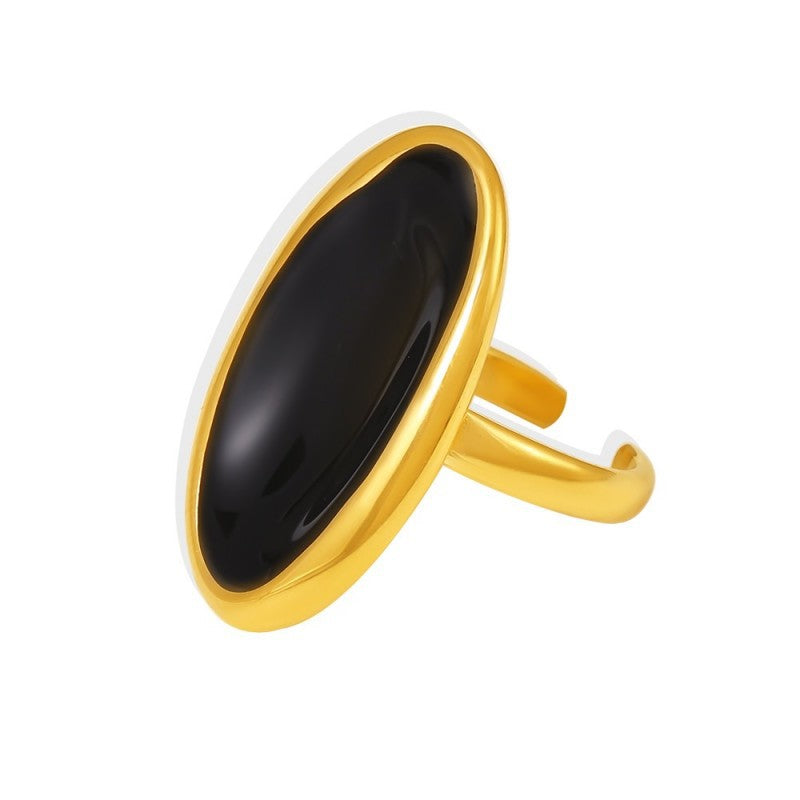 Damenring mit modernem ovalen Design aus Edelstahl und elegantem schwarzen Stein Shop Nory