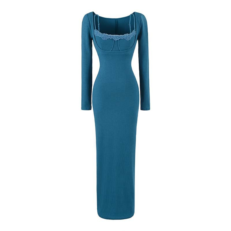 Damen Figurbetontes Maxi-Kleid mit Korsett-Detail, Rippstrick und langen Ärmeln Shop Nory