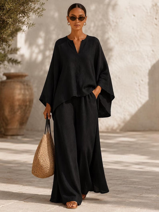 Damen Leichte Leinenmischung Übergroße Kaftan-Oberteil und Kordelzug Weitbein-Hosen Set Shop Nory