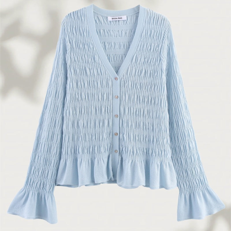 Damen geraffte Smock-Cardigan mit V-Ausschnitt und Volantärmeln Shop Nory