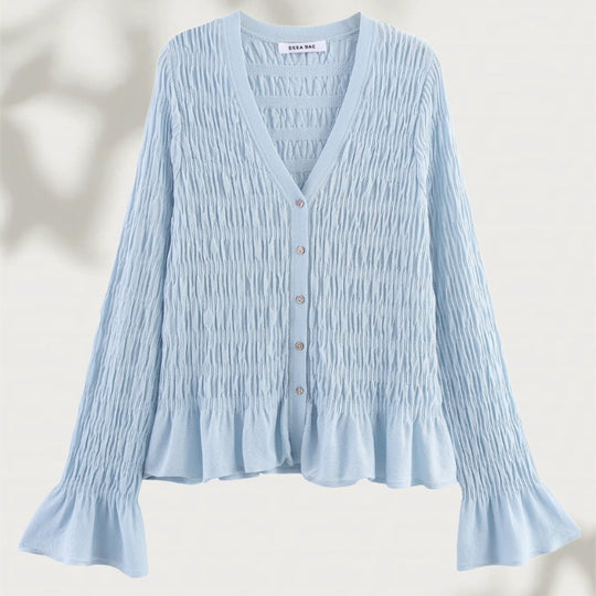 Damen geraffte Smock-Cardigan mit V-Ausschnitt und Volantärmeln Shop Nory