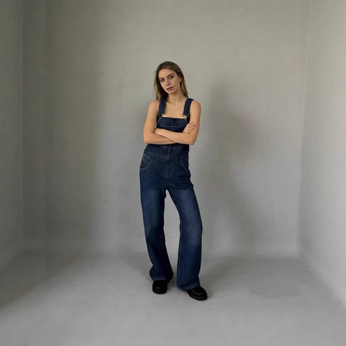 Damen Jeans Latzhose mit weitem Bein und tiefem Rückenausschnitt
