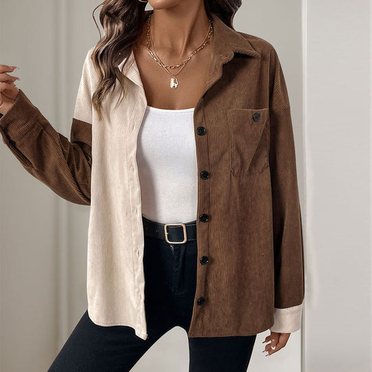 Damen Lässige Cord-Hemdbluse mit asymmetrischer Zweifarb-Optik, Knopfleiste und Brusttasche Shop Nory