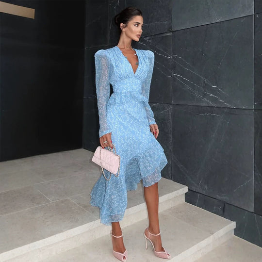 Damen Chiffon-Maxikleid mit V‑Ausschnitt, Puffärmeln und Beinschlitz Shop Nory