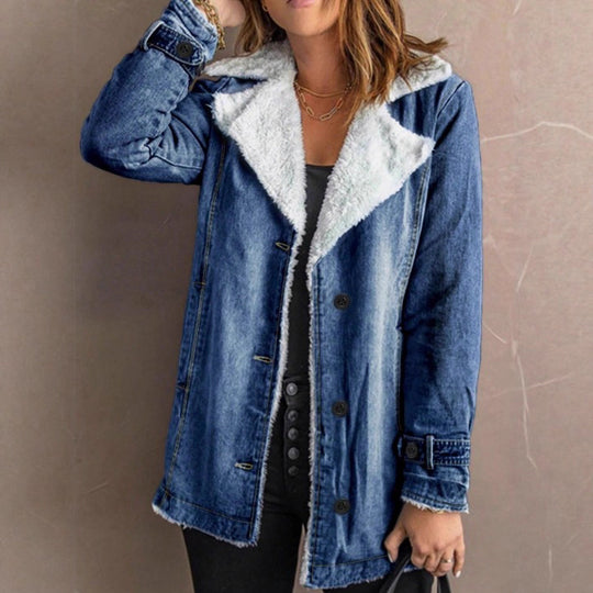 Damen Oversize-Denimjacke mit Teddyfutter, Knopfleiste und aufgesetzten Taschen Shop Nory