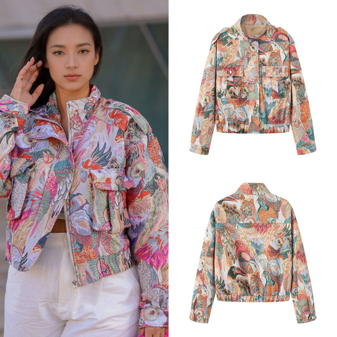 Damen gestickte Bomberjacke mit Vogelmotiven und aufgesetzten Taschen Shop Nory