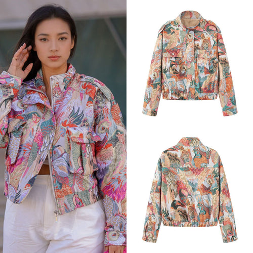 Damen gestickte Bomberjacke mit Vogelmotiven und aufgesetzten Taschen Shop Nory